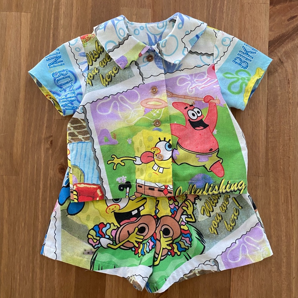 Upcycled 3T Button Up & matching shorts set from Y2K SpongeBob Cotton Bedsheets